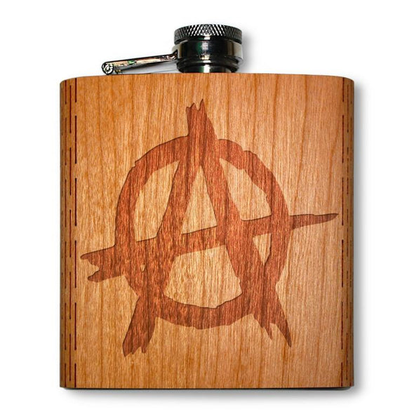 6 Oz. Wooden Hip Flask (Anarchy Symbol in American Cherry)